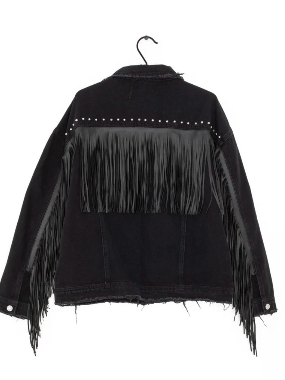 Missguided Black Fringe Studded Denim Jacket - Women's Loose Fit - Picture 3 of 8
